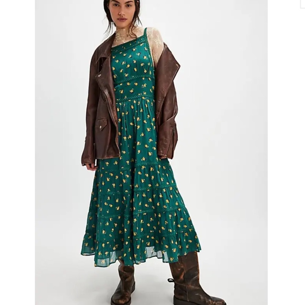 Free People Teal and Yellow Midi Dress